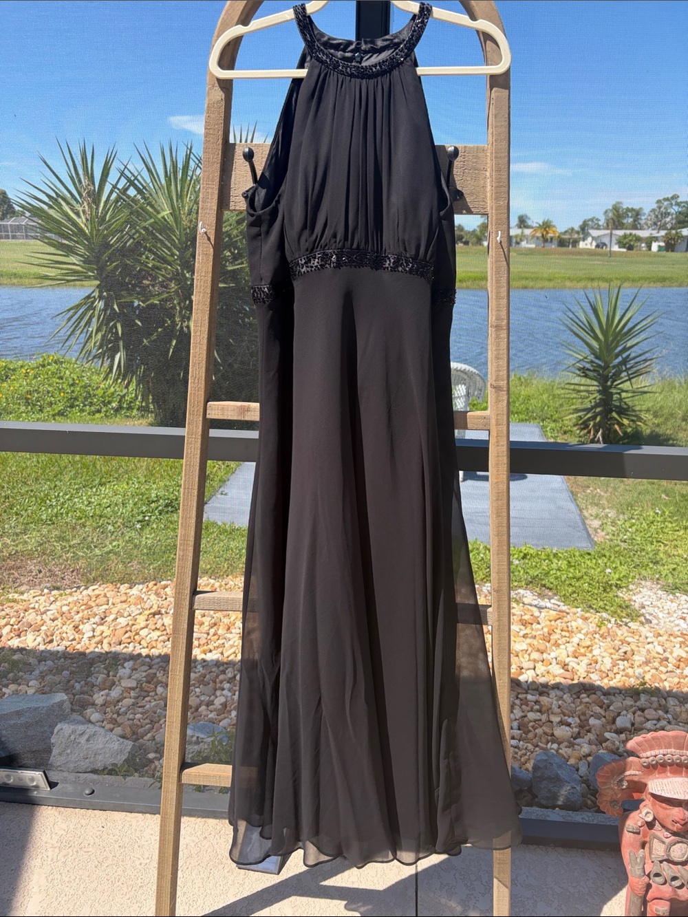 Jones Wear Black Halter Beaded Formal Black Tie Prom Jeweled Chiffon Dress 14